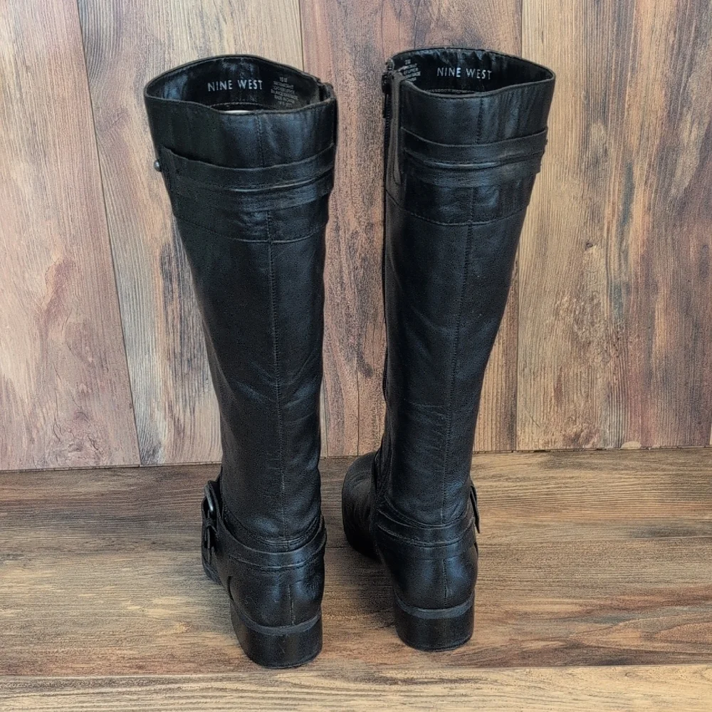 Nine West Black Leather Over the Knee Buckle Boots 10M M689